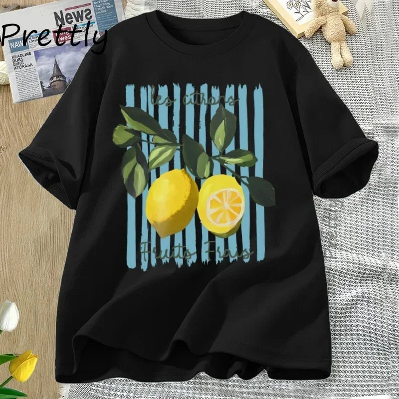 t-shirt femme noir imprimé citrons coton casual tendance été GoHappy France
