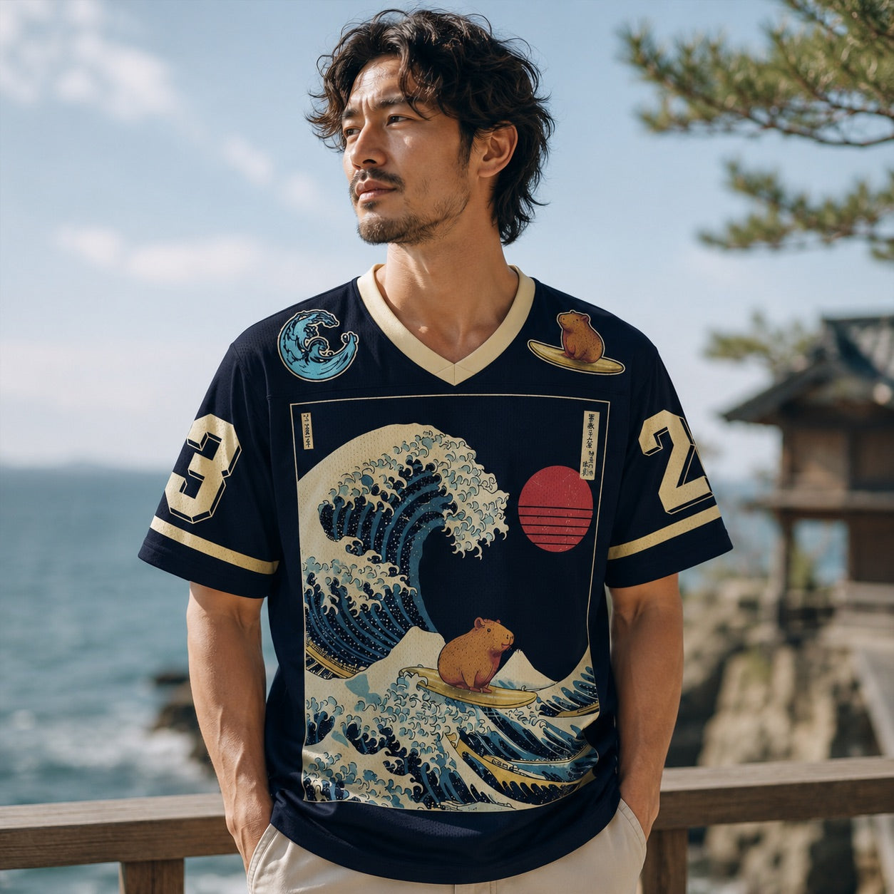 T-shirt homme col V Grande Vague de Kanagawa noir - Eclipse