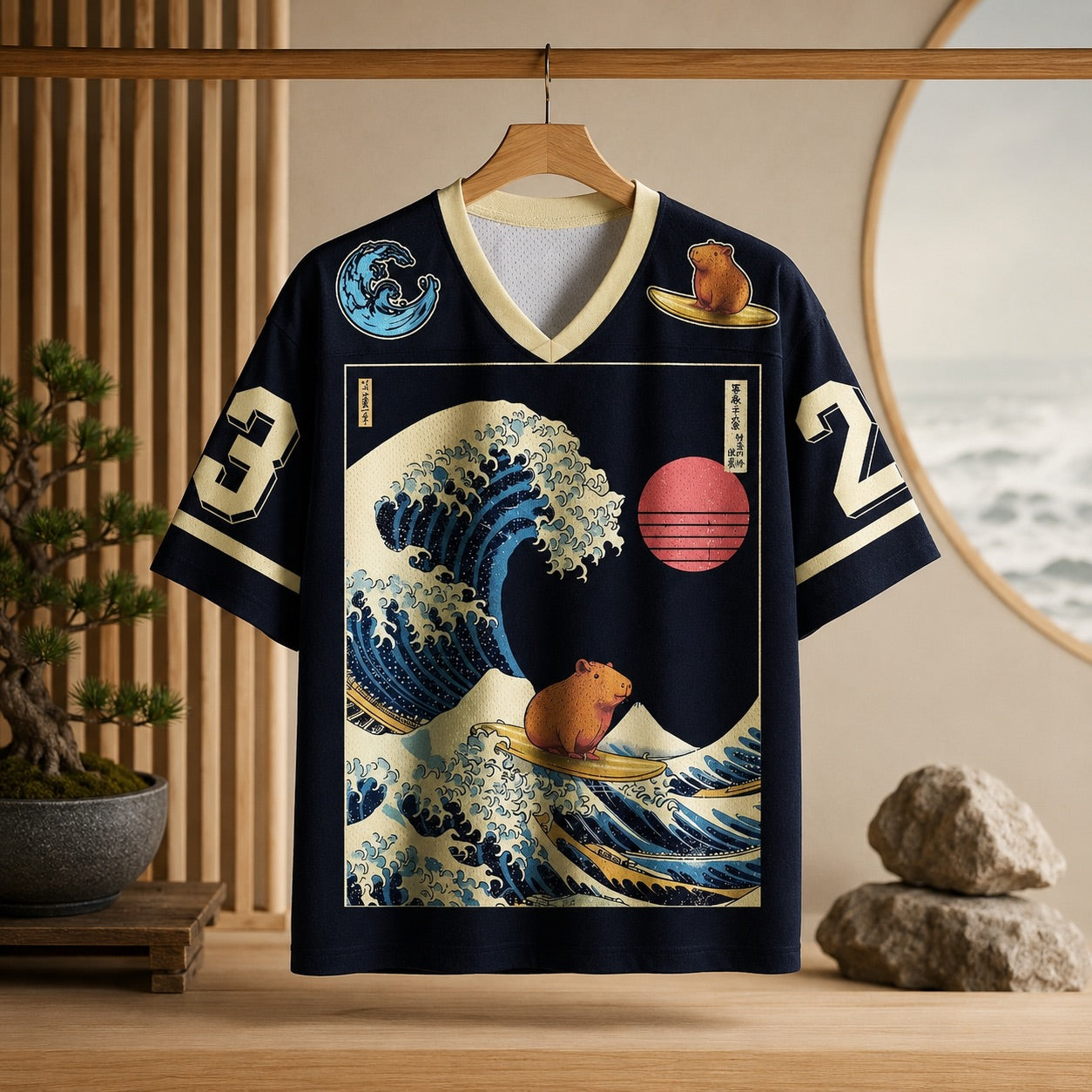 T-shirt homme col V Grande Vague de Kanagawa noir - Eclipse