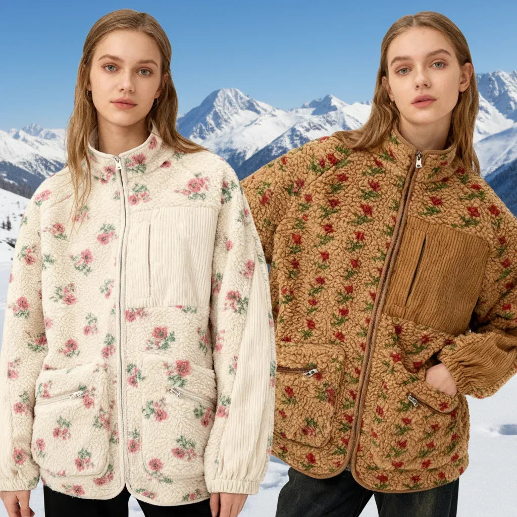 Veste Polaire Fleurie Femme Col Montant Zippée Épaisse Automne Hiver - Veste Polaire GoHappy