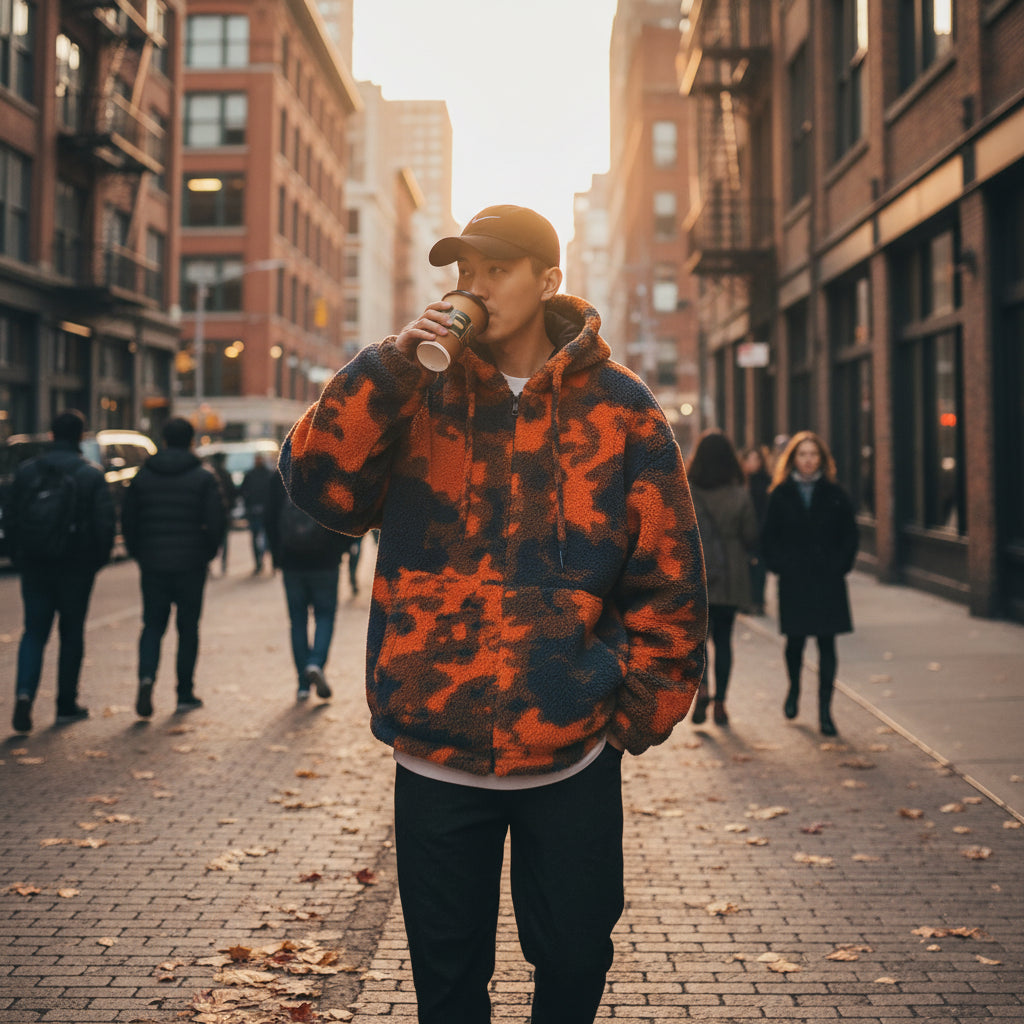 Veste sherpa polaire ultra-épaisse motif dégradé orange-gris. Capuche doublée, poches zippées, coupe oversize M-XXXXL. Le manteau street qui affiche votre style tout l'hiver.