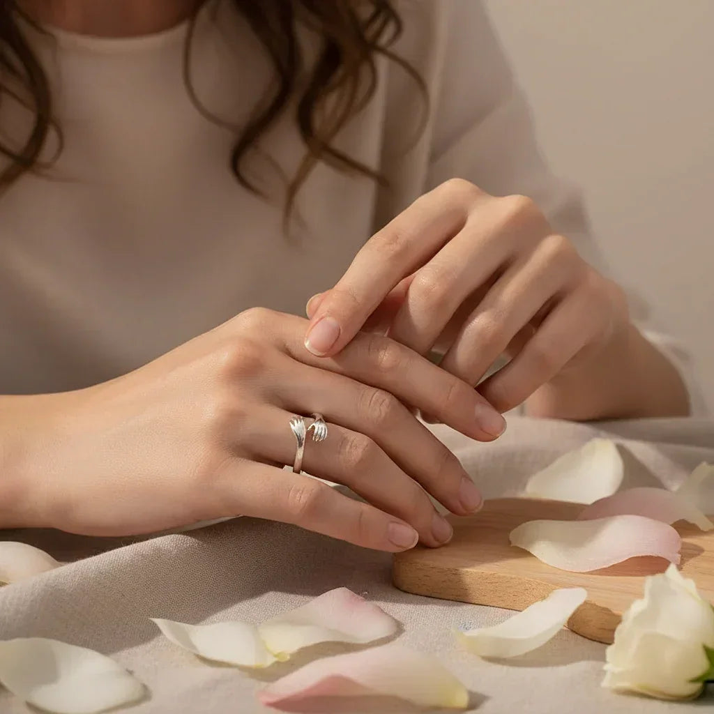 Bague ajustable en Argent AMOUR - Anneau Bague Mains Enlaçage