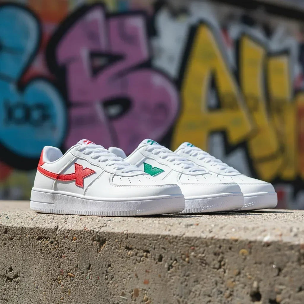 baskets blanches homme femme motif rouge vert bleu sneakers tendance cuir vegan GoHappy France