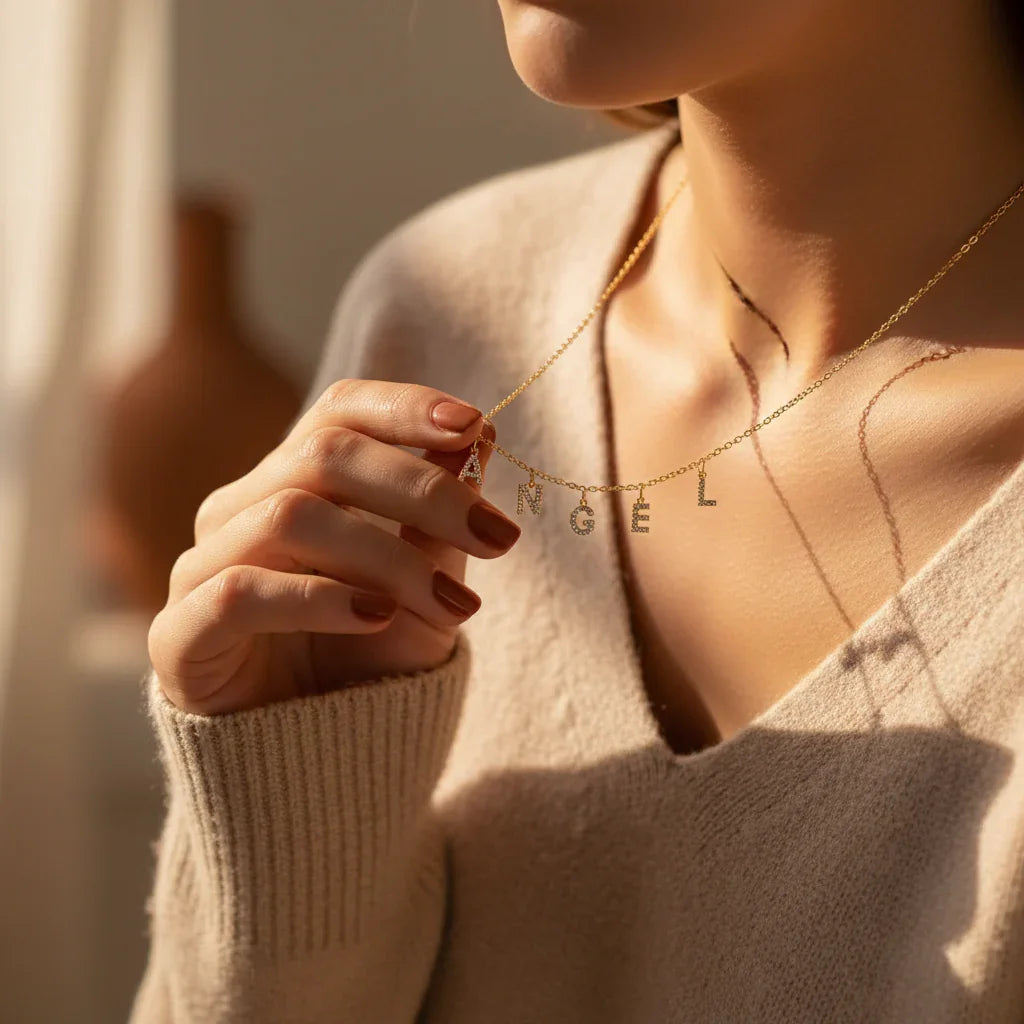 Collier Lettres Personnalisé Acier Doré Strass 1-9 Prénoms - bijou personnalisé GoHappy