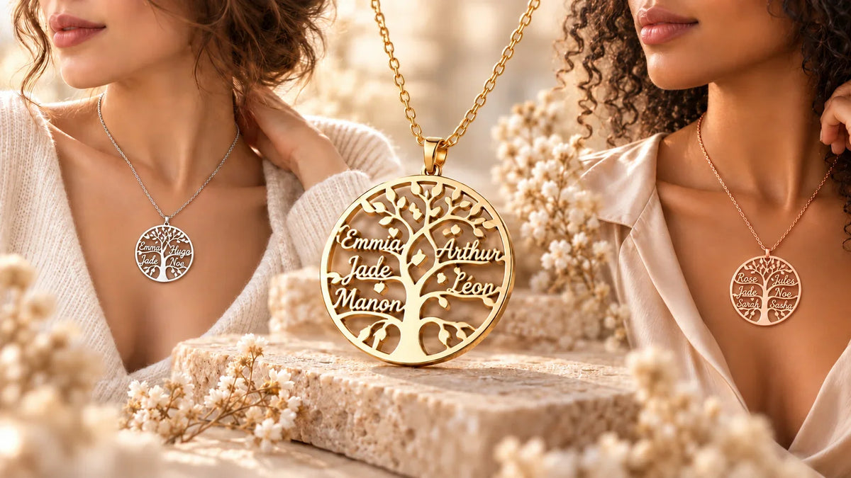 collier rond arbre de vie avec prenoms famille enfants