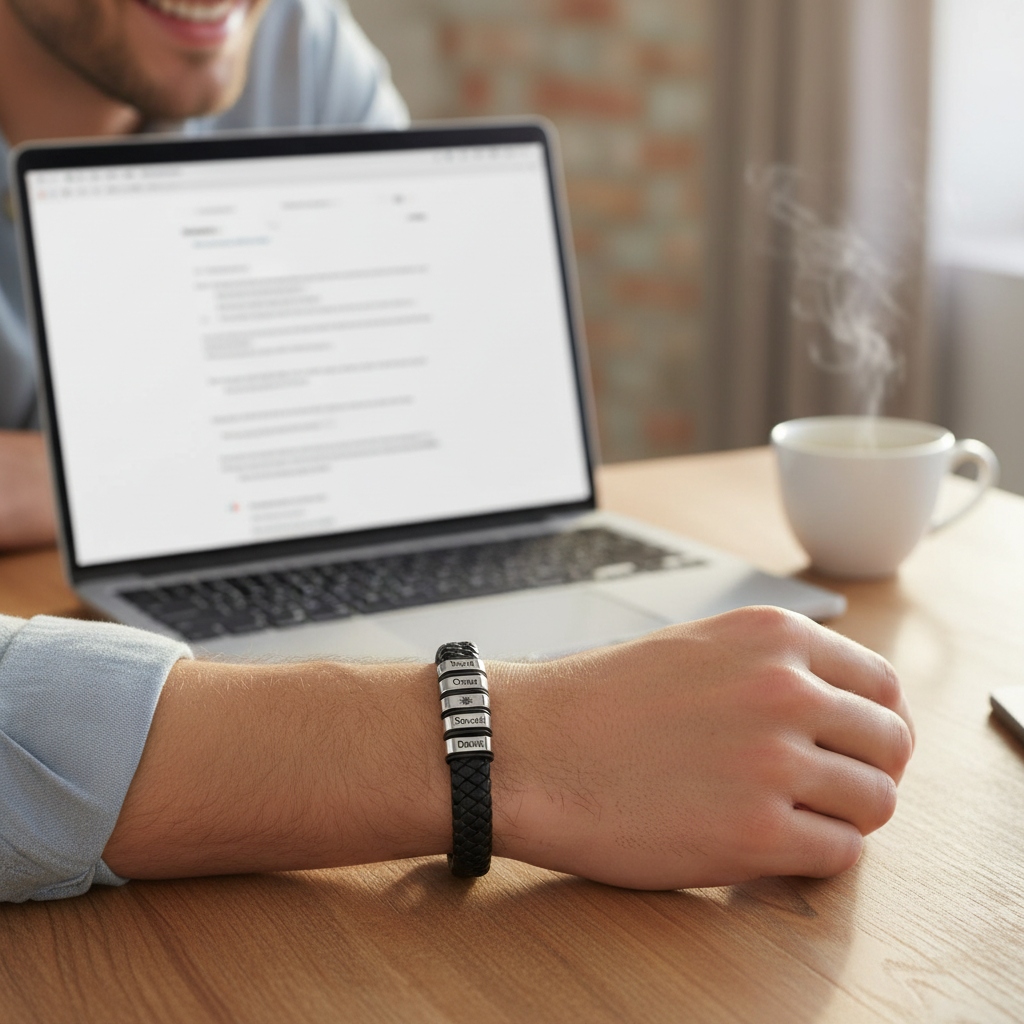 Bracelet Cuir Homme Personnalisé Gravure Prénoms Acier Tressé