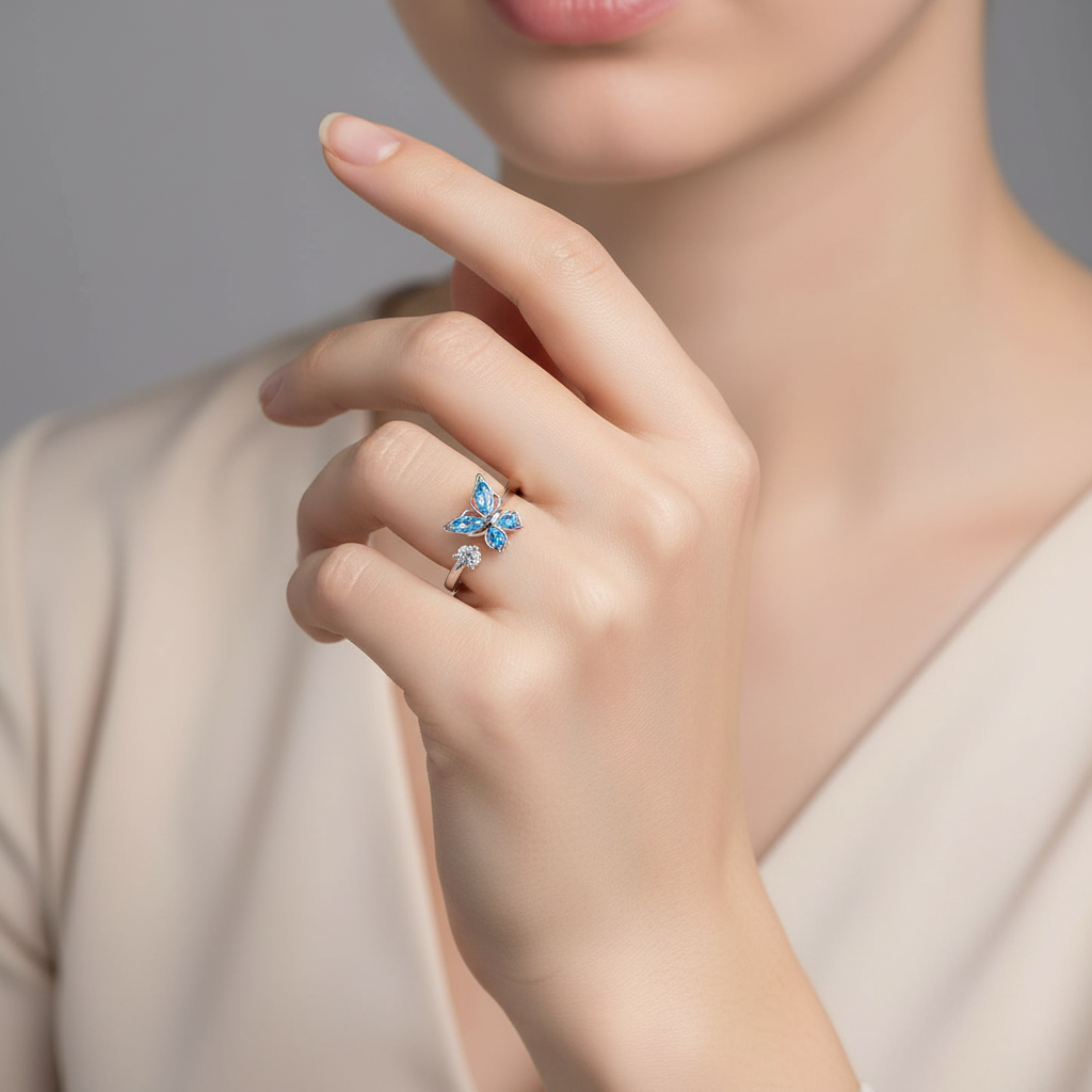 Bagues Spinner Rotatives Fleur Abeille en Cristal Argent Ajustables