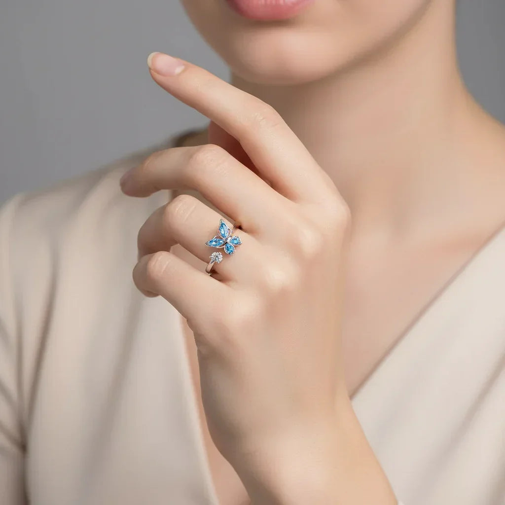 Bagues Spinner Rotatives Fleur Abeille en Cristal Argent Ajustables - bague femme GoHappy