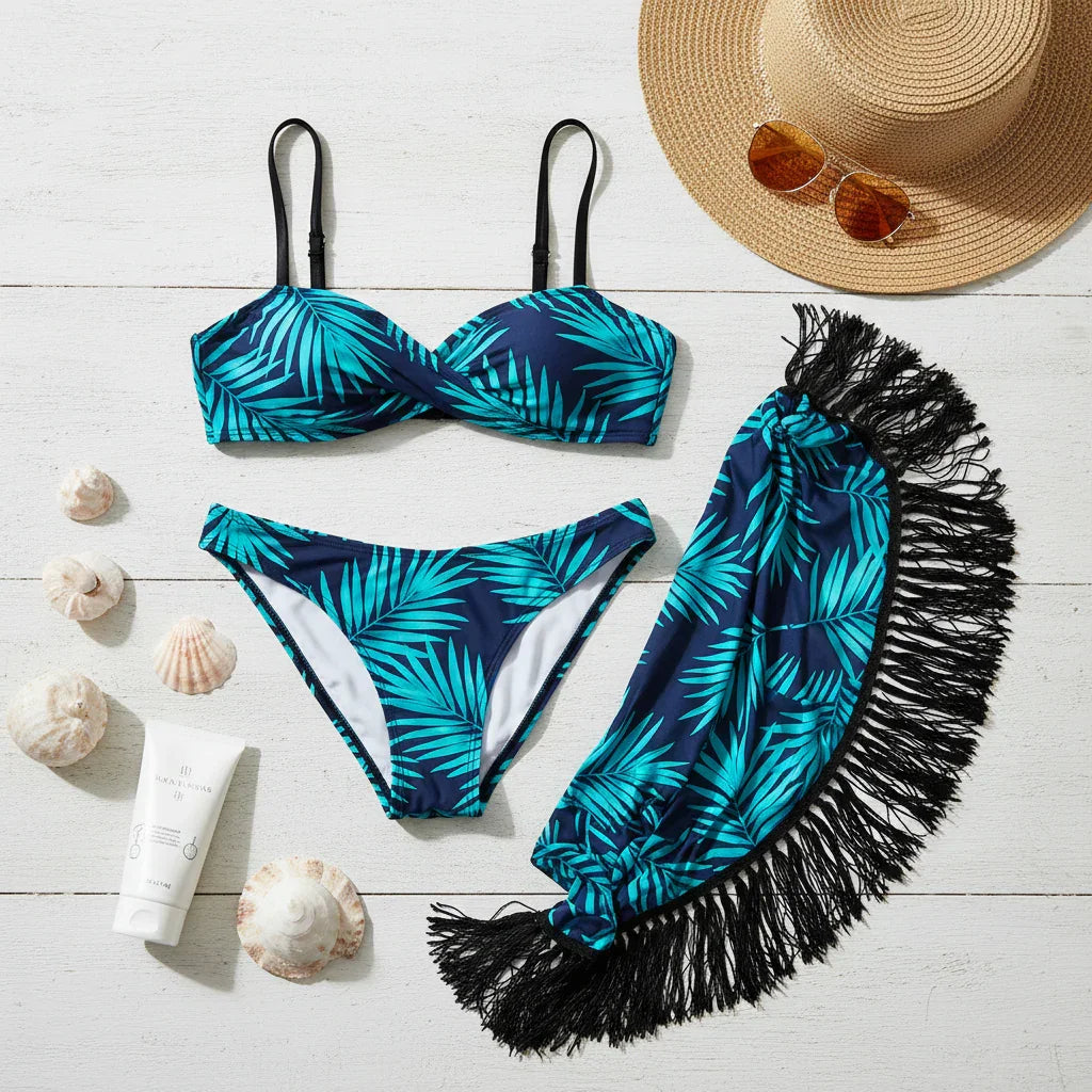 Bikini 3 pièces imprimé tropical avec jupe à franges - maillot de bain femme GoHappy
