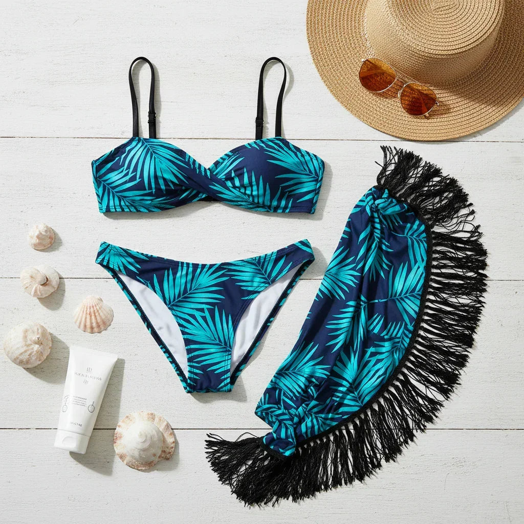 Bikini 3 pièces imprimé tropical avec jupe à franges - maillot de bain femme GoHappy