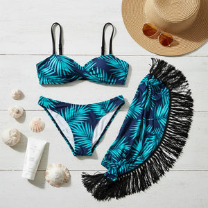 Bikini 3 pièces imprimé tropical avec jupe à franges - maillot de bain femme GoHappy
