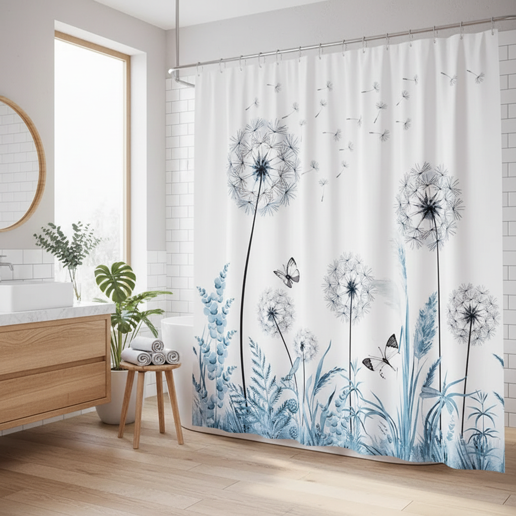 Rideau douche polyester waterproof 23 motifs floraux aquarelle. 11 tailles de 90 à 300cm, crochets inclus, anti-moisissures. Installation 5 min, lavable machine. Style spa botanique moderne pour toute salle de bain.