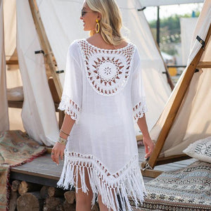 Robe de Plage blanche Crochet et Pompons - Dresses GoHappy