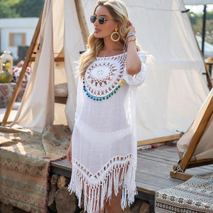 Robe de Plage blanche Crochet et Pompons - Dresses GoHappy