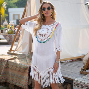 Robe de Plage blanche Crochet et Pompons - Dresses GoHappy