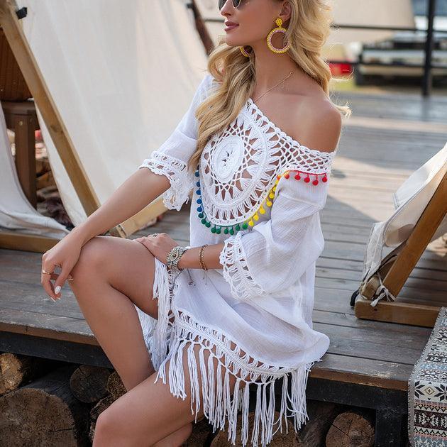 Robe de Plage blanche Crochet et Pompons - Dresses GoHappy