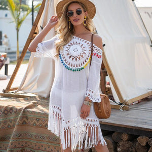 Robe de Plage blanche Crochet et Pompons - Dresses GoHappy