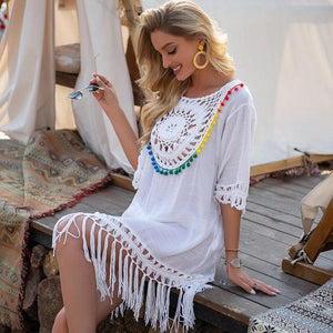 Robe de Plage blanche Crochet et Pompons - Dresses GoHappy