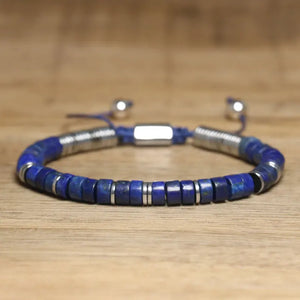 GoHappy France, bracelet ajustable Terra Libre Bleu Horizon · Argenté, perles minérales sur cordon noué, vue de face