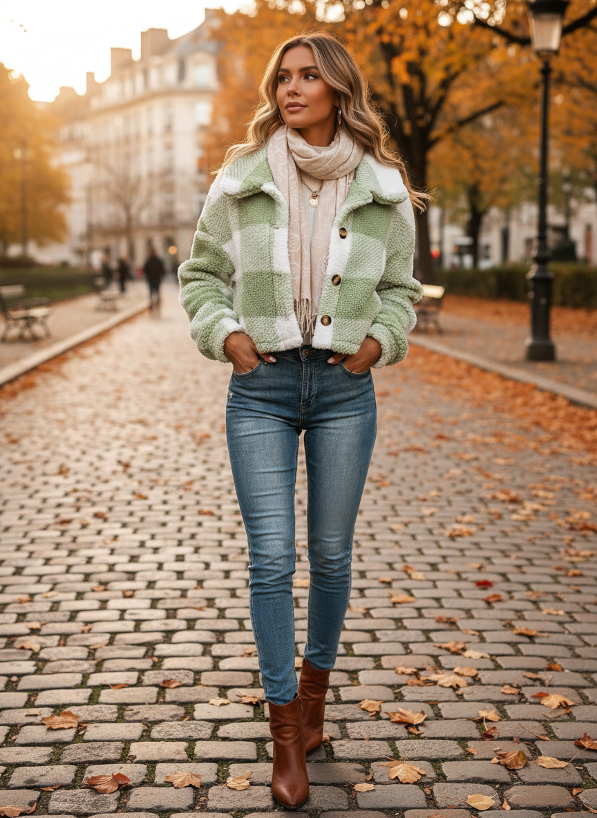 Manteau Court Teddy Femme Carreaux Chaud Automne Hiver Casual