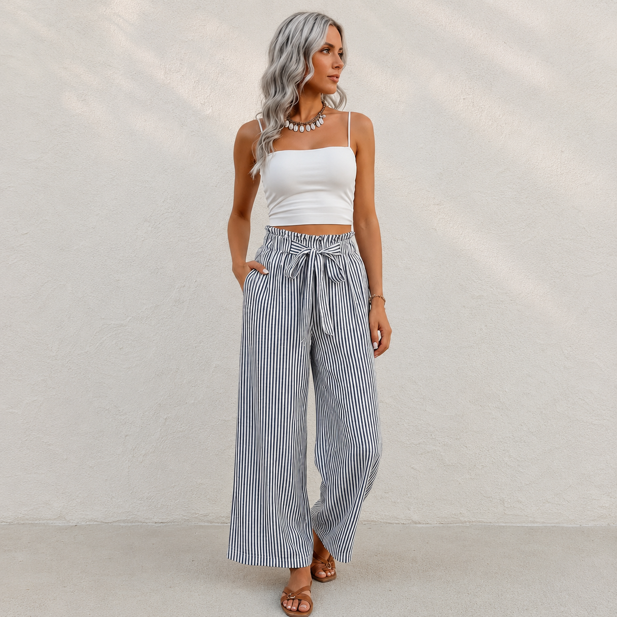 Pantalon Large Rayures Femme Taille Haute Fluide Bohème