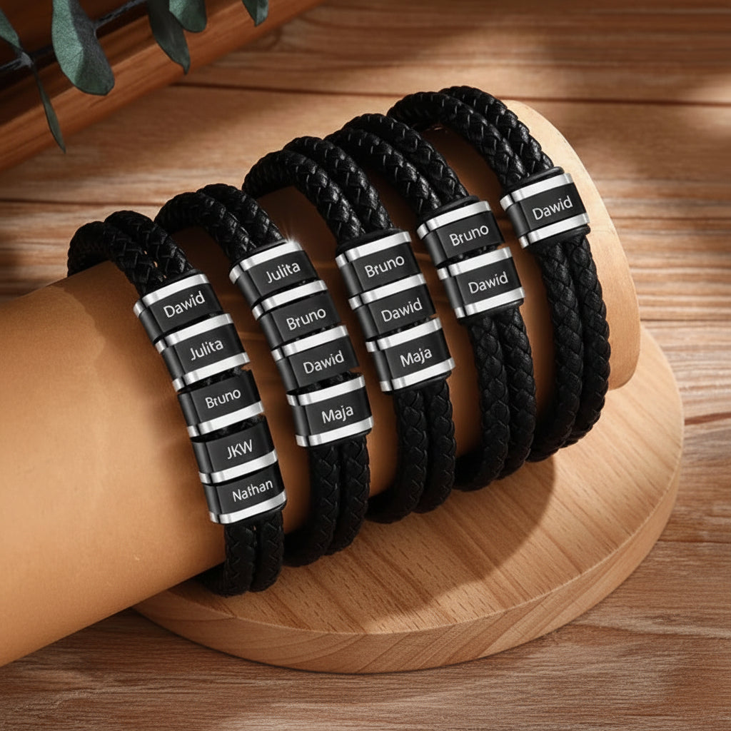 Bracelet cuir tressé homme avec gravure laser 1-5 prénoms sur perles acier. 3 finitions, fermeture magnétique. Cadeau fête des pères personnalisé.