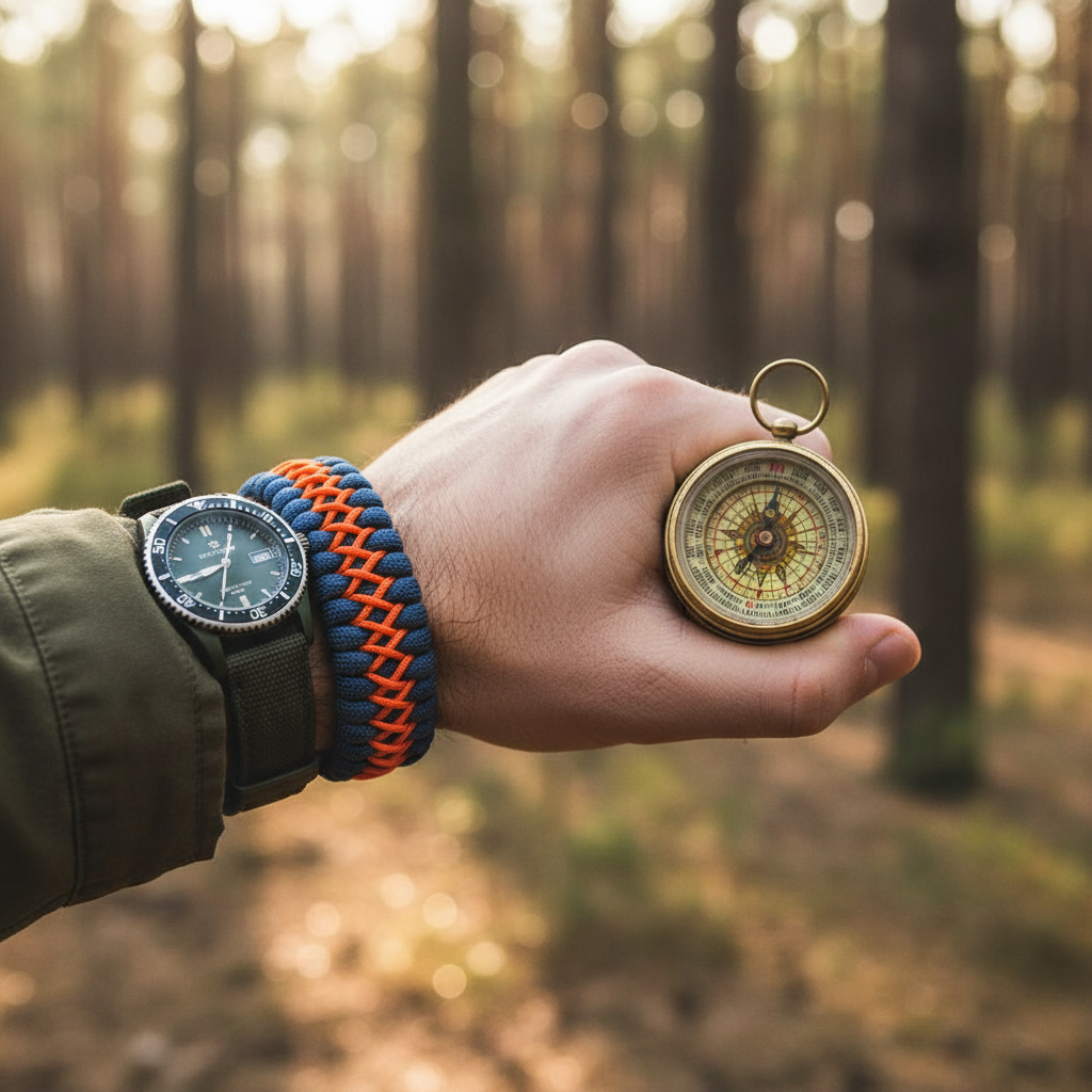 Bracelet paracorde homme tressé main 7 brins. Fermeture magnétique, corde de survie, outdoor camping. 3 longueurs, 5 coloris. Style vintage.