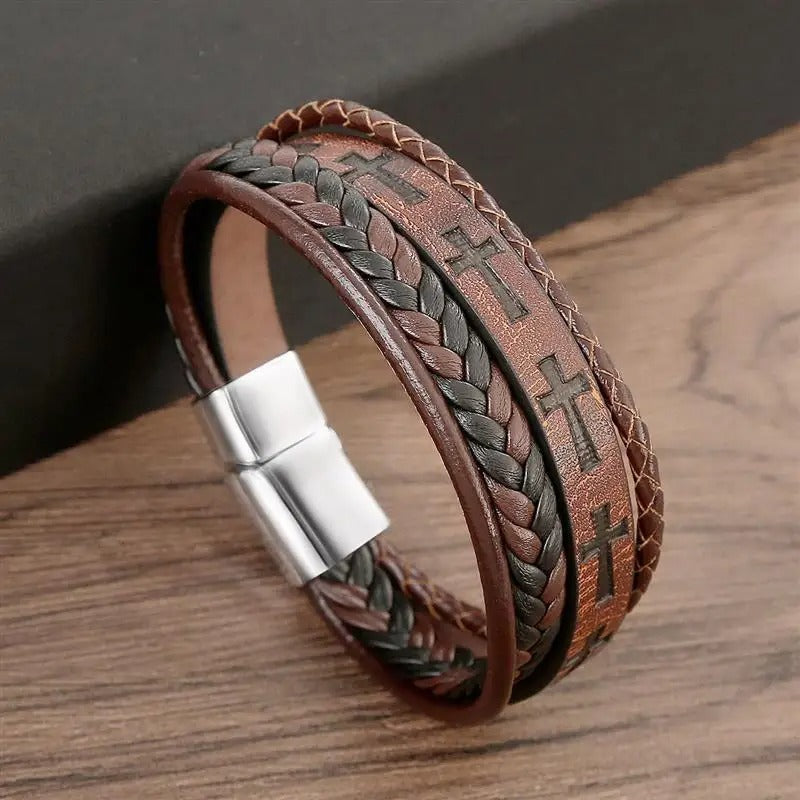 Bracelet Homme en Cuir avec Gravure Croix et Fermoir Acier