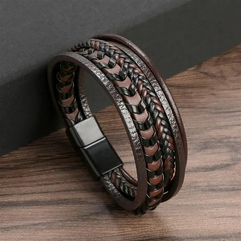 Bracelet Homme Multi-Couches en Cuir et Acier