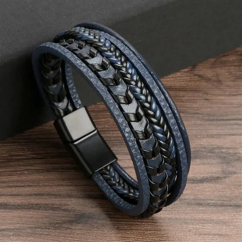 Bracelet Homme Multi-Couches en Cuir et Acier