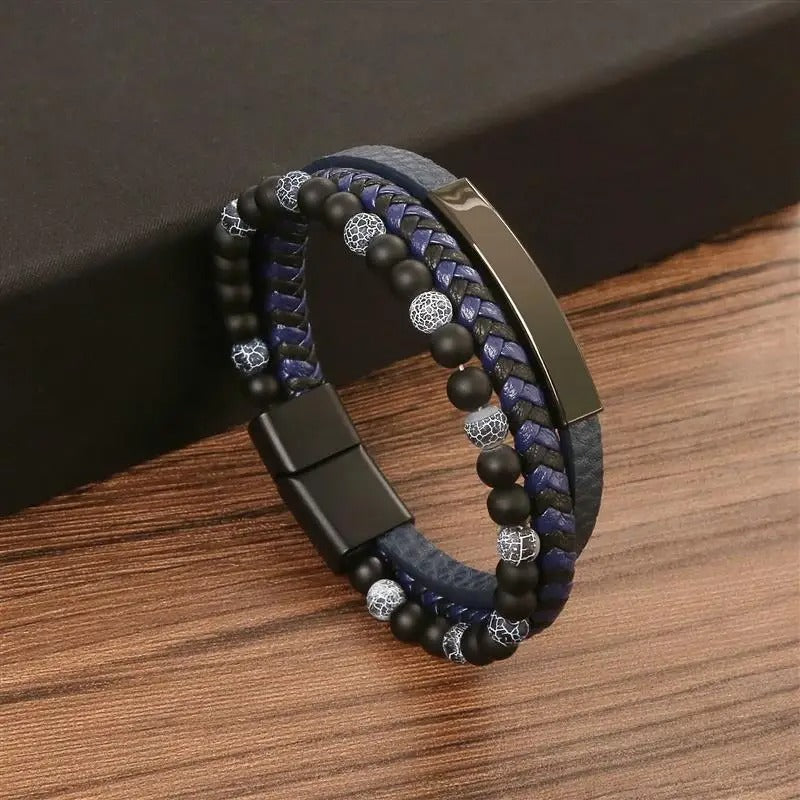 Bracelet Homme en Cuir et Pierres Naturelles Élégant