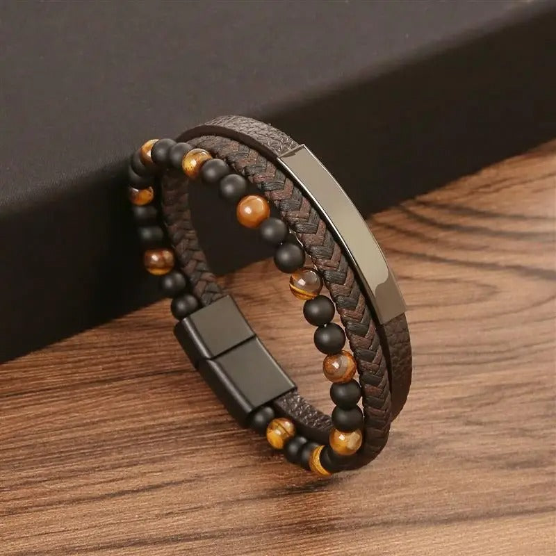 Bracelet Homme en Cuir et Pierres Naturelles Élégant