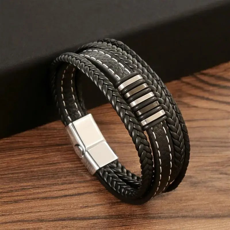 Bracelet Homme en Cuir Noir Double Tressage et Acier