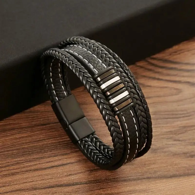 Bracelet Homme en Cuir Noir Double Tressage et Acier