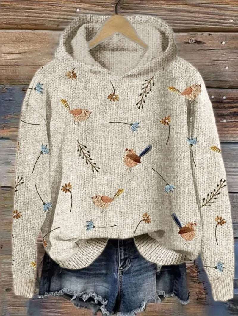 Pull Femme Tricot Écru Capuche - Oiseaux & Fleurs Brodés Boho