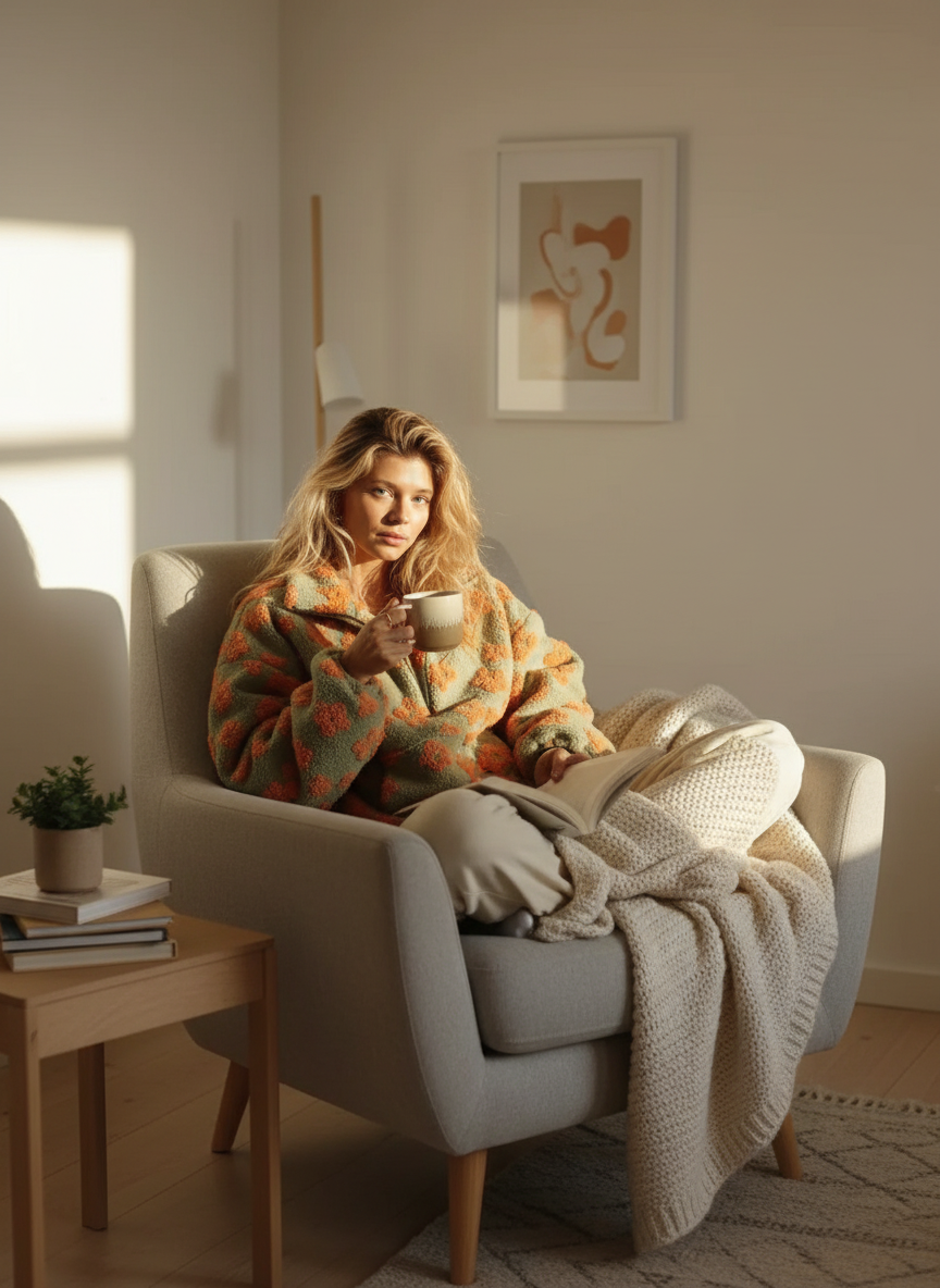 Pull sweat sherpa à fleurs femme ultra-doux. Coupe ample, demi-zip, texture bouclée chaude. 5 coloris, S-M-L. Style cocooning automne-hiver élégant.