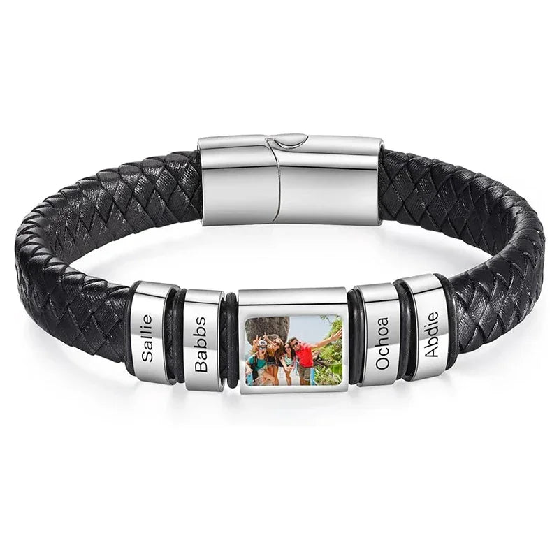 Bracelet en Cuir Homme Personnalisé Photo Famille Prénoms Gravés - bracelet prénoms homme GoHappy