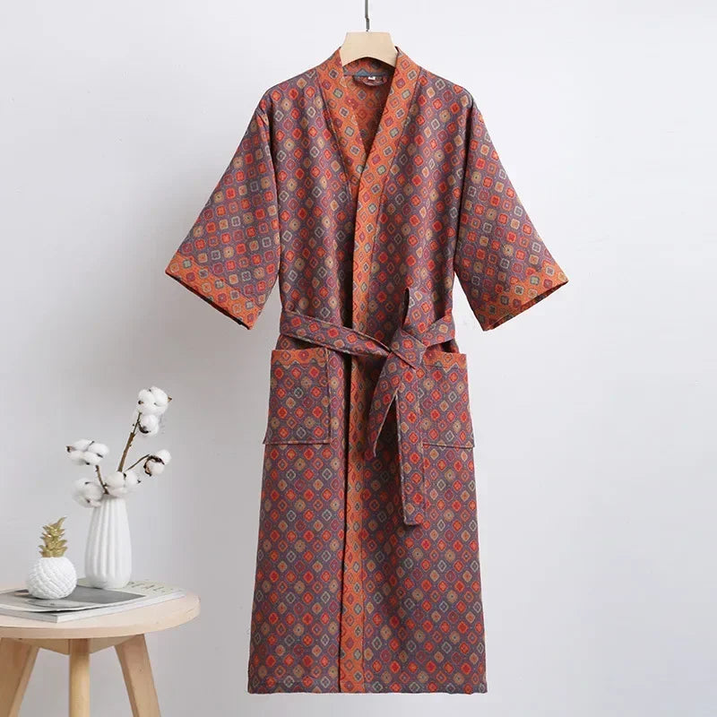 Peignoir kimono Céleste en coton, modèle Terracotta Mosaïque, vue de face avec ceinture