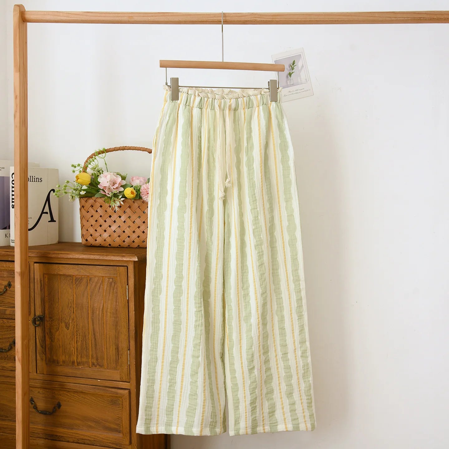 Pantalon Pyjama Femme Coton Crêpe Rayures Ample Taille Élastique