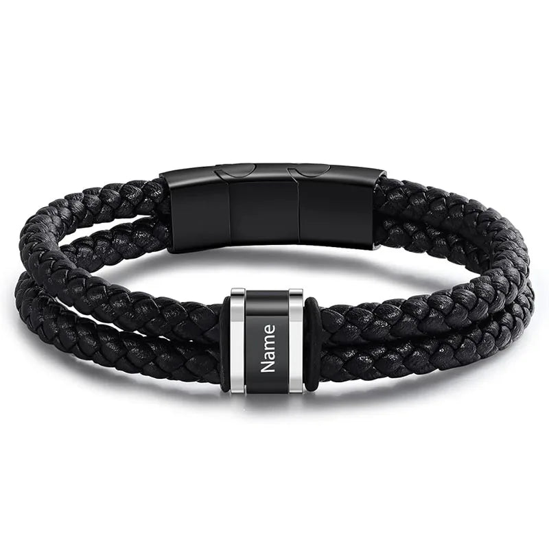 Bracelets Cuir Acier Personnalisé Gravure Prénoms Famille