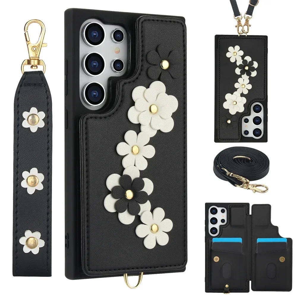 Coque Samsung portefeuille fleurie dragonne bandoulière - coques pour smartphone GoHappy