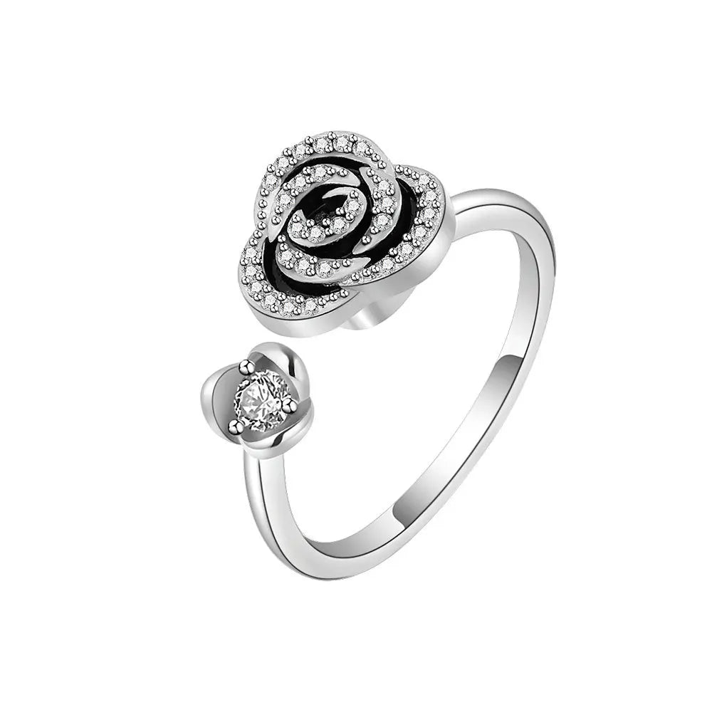 Bagues Spinner Rotatives Fleur Abeille en Cristal Argent Ajustables
