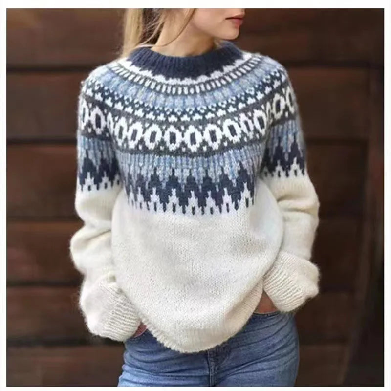 Pull hiver femme chaud et stylé à motifs nordiques - Élégance et douceur pour l'automne-hiver