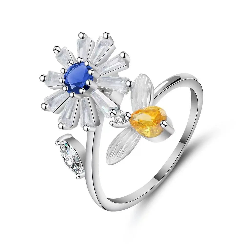 Bagues Spinner Rotatives Fleur Abeille en Cristal Argent Ajustables