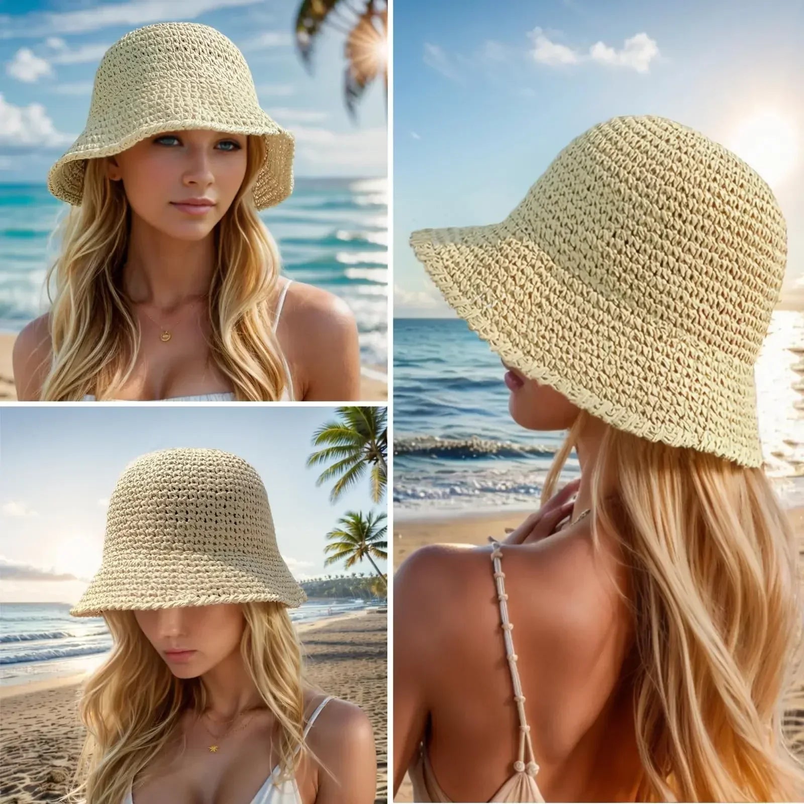 Chapeau Seau Paille Crochet Femme Pliable Protection UV - chapeau de plage GoHappy