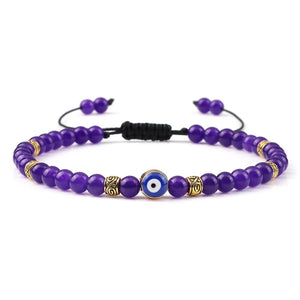 Bracelet Nazar Violet Iris argenté, perles fines et motif œil bleu | GoHappy France