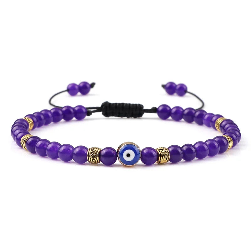 Bracelet Nazar Violet Iris argenté, perles fines et motif œil bleu | GoHappy France