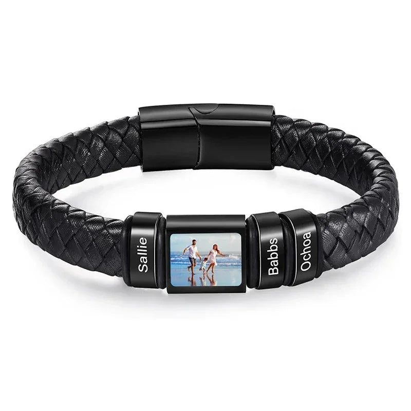Bracelet en Cuir Homme Personnalisé Photo Famille Prénoms Gravés - bracelet prénoms homme GoHappy