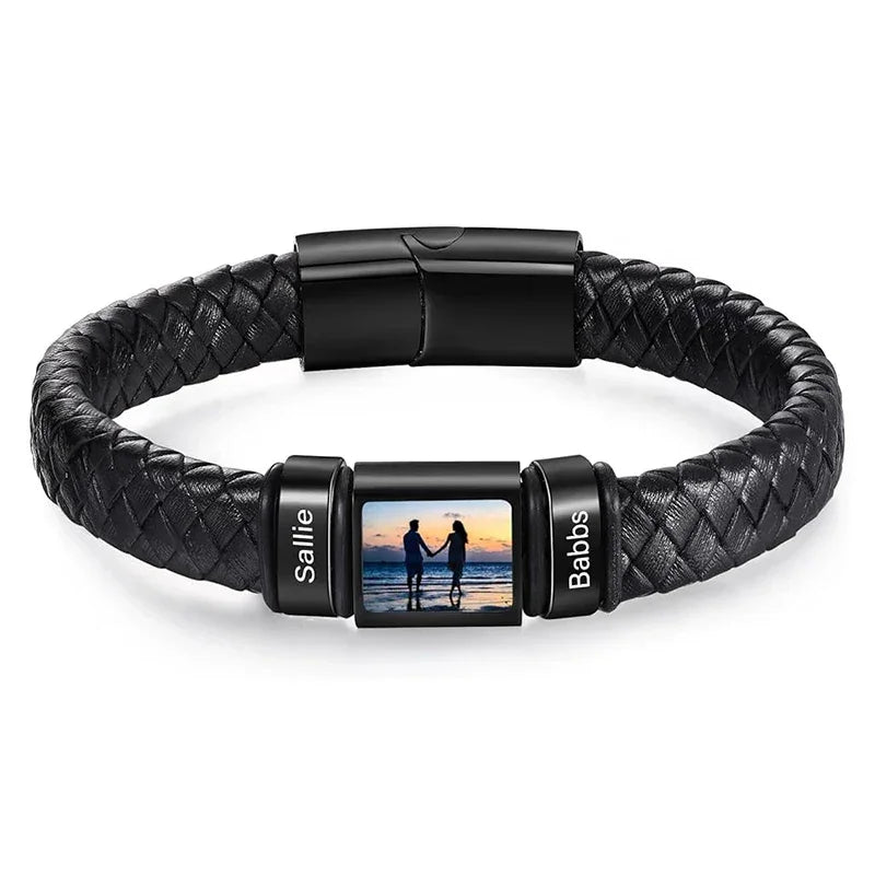 Bracelet en Cuir Homme Personnalisé Photo Famille Prénoms Gravés - bracelet prénoms homme GoHappy