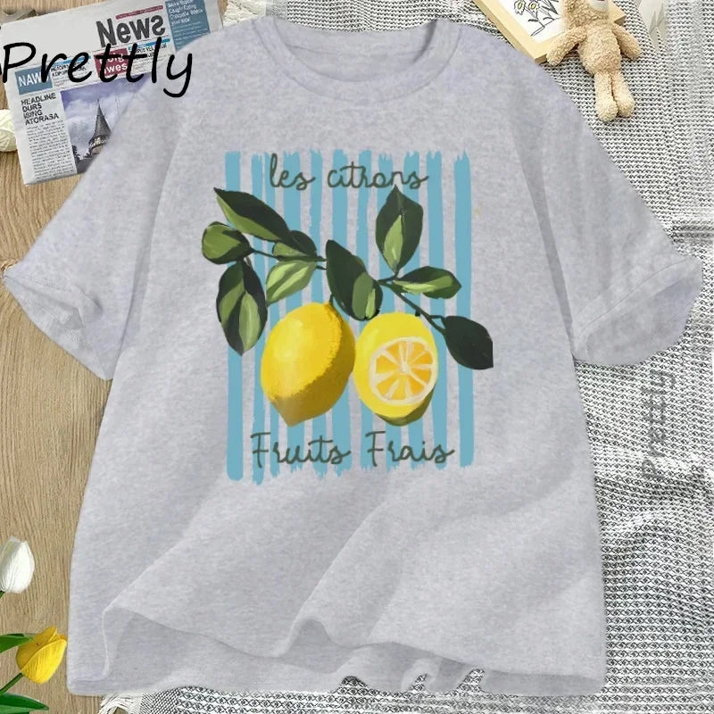 t-shirt gris femme imprimé citrons fruits frais coton décontracté été GoHappy.fr